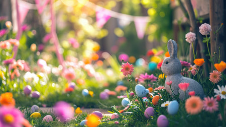 A magical Easter garden scene with a stone bunny statue surrounded by vivid flowers and scattered multicolored Easter eggs in the sunlight.の素材