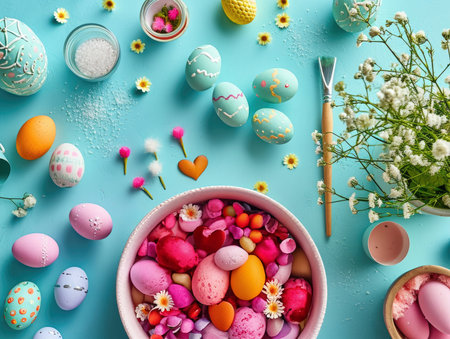 A vibrant Easter egg decorating scene with pastel-colored eggs, paintbrush, and flowers on a teal background, showcasing a joyful spring craft.の素材