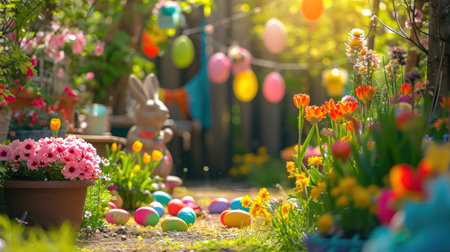 A magical Easter garden scene with a stone bunny statue surrounded by vivid flowers and scattered multicolored Easter eggs in the sunlight.の素材