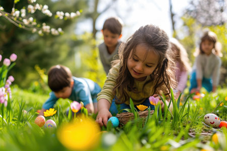 Joyful children engage in an Easter egg hunt in a lush garden, with colorful eggs hidden among the vibrant spring grass.の素材