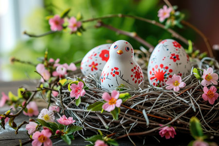A delicate nest adorned with artistically painted Easter eggs and surrounded by soft pink spring blossoms, embodying the festive spirit of Easter.の素材