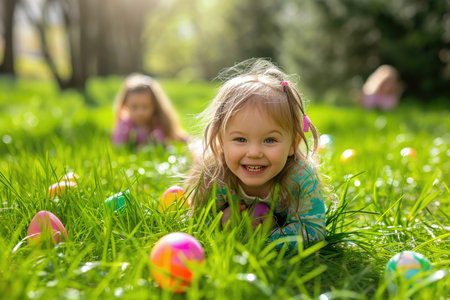 Joyful children engage in an Easter egg hunt in a lush garden, with colorful eggs hidden among the vibrant spring grass.の素材