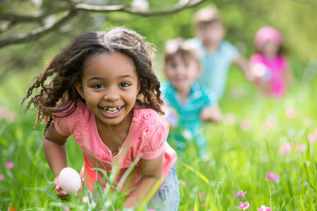 Cute african american girl with easter eggs on spring meadowの素材