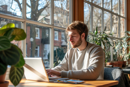 A concentrated young man is working on his laptop at a desk bathed in natural sunlight, surrounded by indoor plants and a view of the neighborhood.の素材