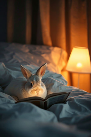 A fluffy rabbit relaxes on a cozy bed beside a luminous lamp, creating a tranquil and warm atmosphere in the bedroom.の素材