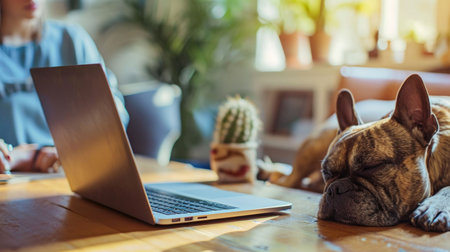 Cozy home office setting with a relaxed French bulldog napping next to a laptop, embodying work and comfort in harmony.の素材