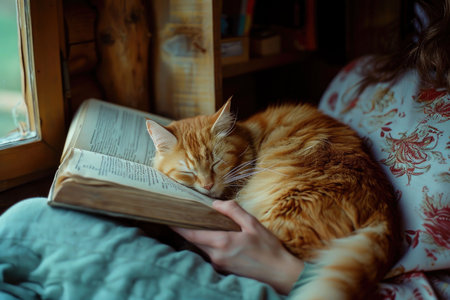 A serene ginger cat sleeps peacefully on an open book, bathed in the warm glow of sunlight filtering through a window.の素材