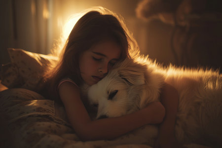 A tender moment of affection as a young girl hugs her sleeping dog, basking in the soft glow of the setting sun.の素材