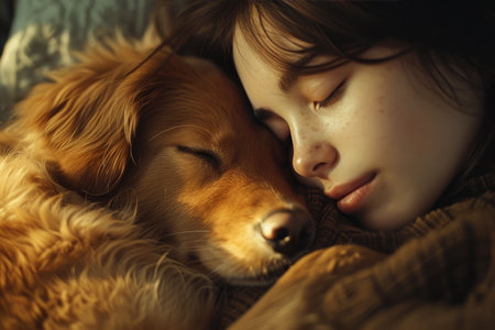 A young girl and her golden retriever enjoy a tranquil nap together, showcasing a bond of trust and companionship.の素材