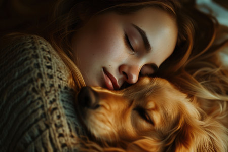 A young girl and her golden retriever enjoy a tranquil nap together, showcasing a bond of trust and companionship.の素材