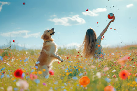 A joyful dog leaps towards a ball in a vibrant field of wildflowers, with sunlight illuminating the playful scene.の素材