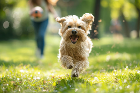 An excited small dog running towards the camera in a grassy park with a blurred person in the background, indicating a playful game of fetch on a sunny day.の素材