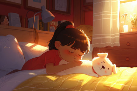A warm digital illustration captures a moment of a young girl gently snuggling with her dog that emits a soft, comforting glow.の素材