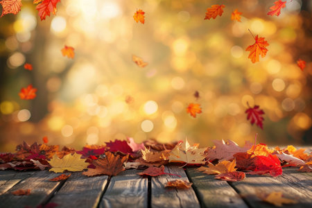 Vivid autumn leaves descend gracefully onto a rustic wooden table against a blurred golden forest background, embodying the essence of fall.の素材