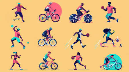 Set of sport people running, cycling, playing basketball, running, running. Vector illustration in flat styleの素材