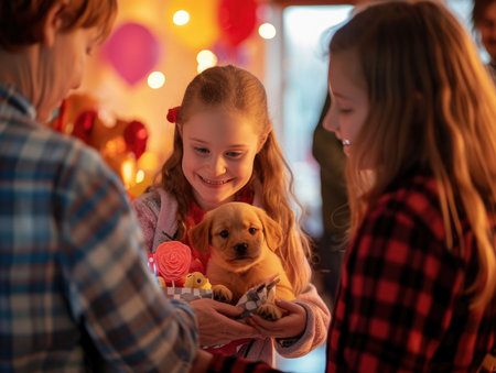 A joyful young girl receives a golden retriever puppy during a birthday party celebration with friends.の素材