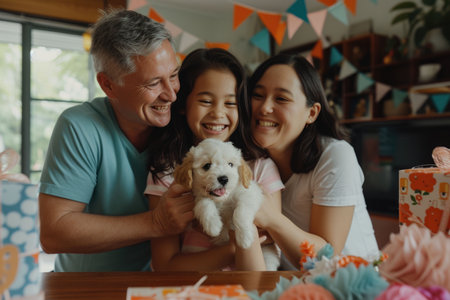 A joyful family moment as a mother, father, and daughter smile while introducing a fluffy new puppy as a birthday gift amidst colorful party decorations.の素材