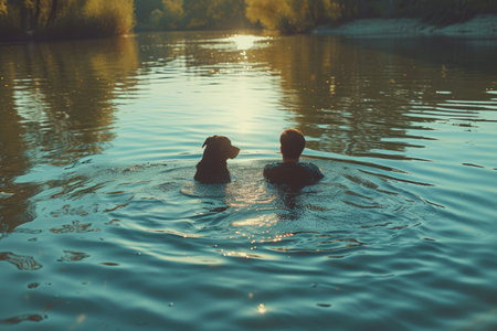 a man and his dog swimming together in a lake at sunsetの素材
