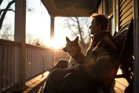 An elderly individual and their loyal dog sit peacefully on a porch, basking in the golden hues of a setting sun.の素材