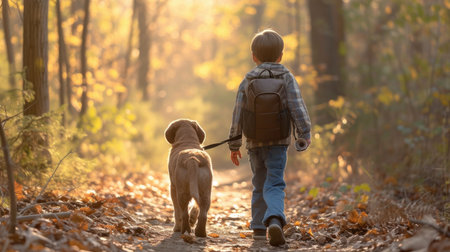 A young boy and his golden retriever companion hike a forest trail in the warm, golden light of sunset.の素材