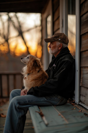 An elderly individual and their loyal dog sit peacefully on a porch, basking in the golden hues of a setting sun.の素材