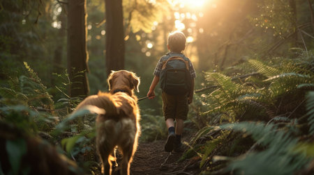 A young boy and his golden retriever companion hike a forest trail in the warm, golden light of sunset.の素材