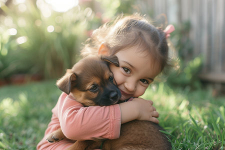 An adorable young girl gently embraces a brown puppy in a sunlit garden, both sharing a moment of pure joy and affection.の素材