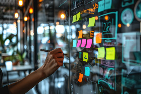 Close-up of entrepreneur's hands planning strategy with  colorful sticky notes on transparent glass wallの素材