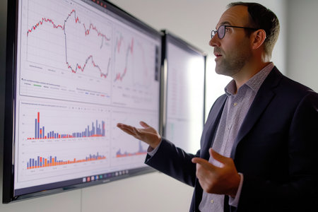 Professional in a suit explaining complex financial charts on a screen during a corporate presentation.の素材