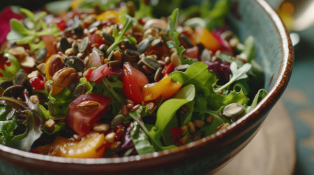 Vibrant gourmet salad with fresh greens, colorful vegetables, seeds, and nuts in a decorative bowl.の素材