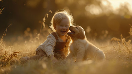 A delighted young child and a playful puppy enjoy a warm, sunny outdoor setting, sharing a moment of pure happiness.の素材