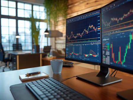 A professional trading office setup featuring a desk with multiple computer monitors displaying live financial charts and market data.の素材