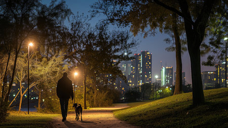 A person and their dog enjoy a peaceful evening walk along a lit path in an urban park, with the city lights shimmering in the background.の素材