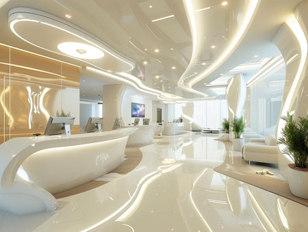 A spacious and futuristic office lobby showcasing a sleek, modern design with flowing lines, ambient lighting, and minimalist furniture.の素材