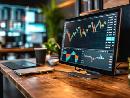A professional trading office setup featuring a desk with multiple computer monitors displaying live financial charts and market data.の素材
