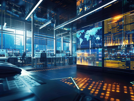 Dynamic trading floor atmosphere with digital screens displaying financial and stock market dataの素材