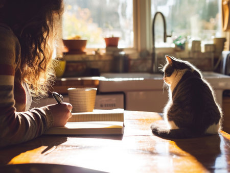 A serene indoor scene with a person engrossed in a book accompanied by a cat, soaking in the warm sunlight by a window.の素材