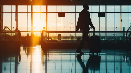 Silhouette of a businessman with luggage walking through an airport terminal with sunset in the background.の素材
