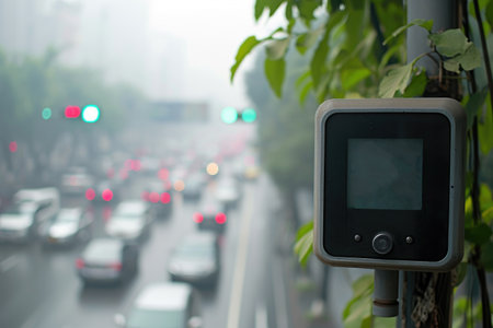 Air quality monitor stationed by a busy urban road enveloped in haze, measuring pollution levelsの素材
