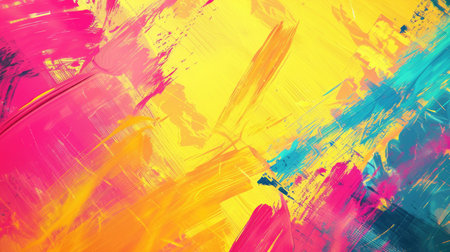 An energetic swirl of bold yellow, pink, and blue hues in a dynamic abstract oil painting.の素材