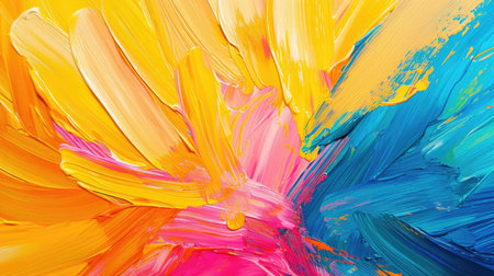 An energetic swirl of bold yellow, pink, and blue hues in a dynamic abstract oil painting.の素材