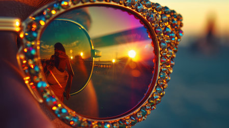 Reflection of a girl in a mirror on the beach at sunset.の素材