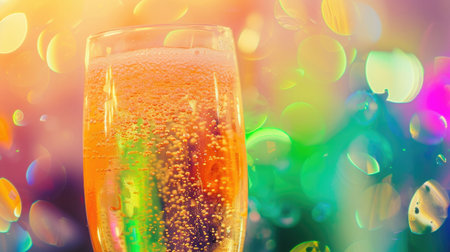 A single glass of bubbling champagne against a backdrop of colorful, blurred party lights.の素材