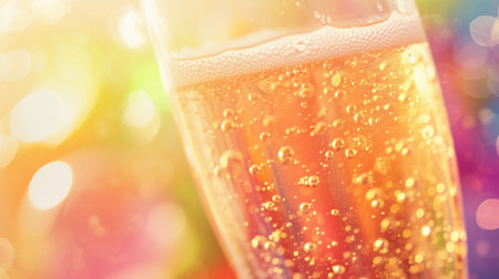 Champagne in glass on colorful bokeh background, close upの素材
