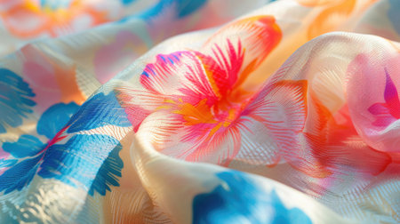 Elegant translucent fabric with colorful floral patterns illuminated by soft light, conveying a sense of delicacy.の素材