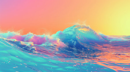 Abstract digital art depicting an ocean wave in a surreal blend of psychedelic colors against a vibrant sky.の素材