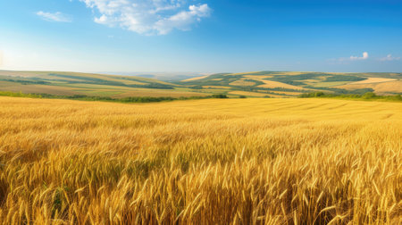 A vast wheat field bathed in golden sunlight stretches towards rolling hills under a clear blue summer sky, epitomizing agricultural abundance.の素材