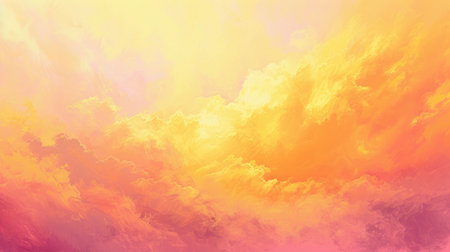A dreamlike vista of fluffy clouds awash in the vibrant, warm tones of a summer sunset, painted in broad, abstract strokes.の素材