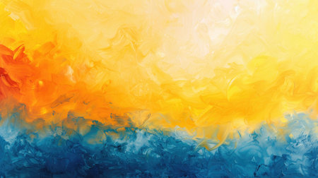 Dynamic abstract fluid art piece, where fiery orange merges with deep blue waves in a vibrant dance of colors.の素材