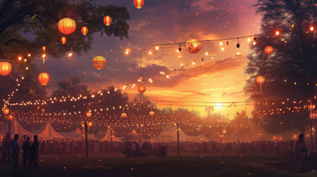 A magical evening scene at a lantern festival with glowing lights hanging from trees and a crowd of people enjoying the warm ambiance.の素材